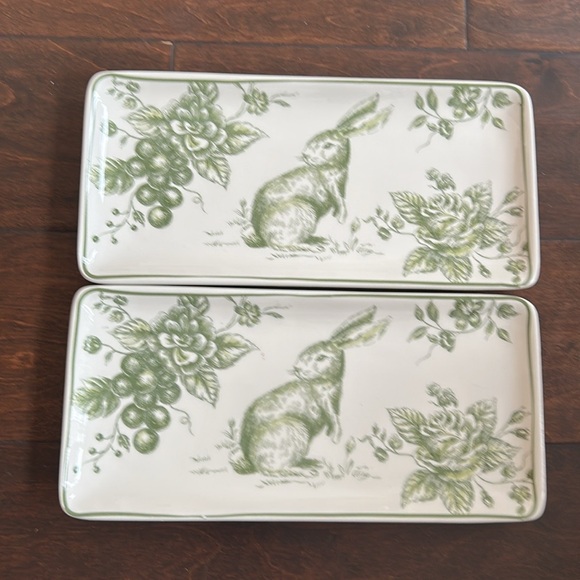 Other - Set Of 2 Easter Green Bunny Floral Platters Ceramic New 10.5”x5”